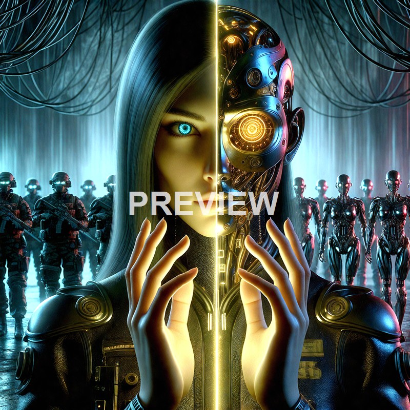 The image depicts a female cyborg with half of her face human and the other half robotic, surrounded by a group of humanoid robots or soldiers in a futuristic, high-tech environment.